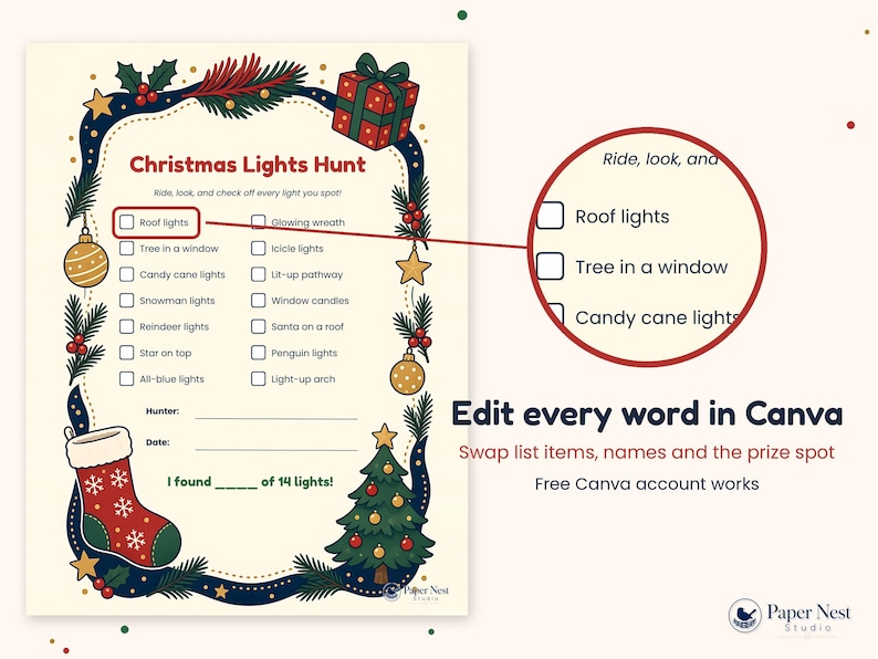 May include: A Christmas Lights Hunt checklist featuring a festive border with holly, ornaments, a gift, and a stocking. The text reads Christmas Lights Hunt, Ride, look, and check off every light you spot, and I found 14 lights. Includes a zoomed-in detail view.