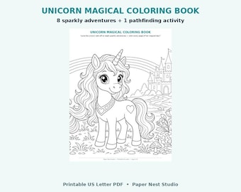 Könnte beinhalten: Ein Malbuch mit dem Titel UNICORN MAGICAL COLORING BOOK und dem Untertitel 8 sparkly adventures + 1 pathfinding activity. Die Seite zeigt eine Strichzeichnung eines Einhorns mit langer Mähne, einem Horn und einem Herz auf der Flanke.