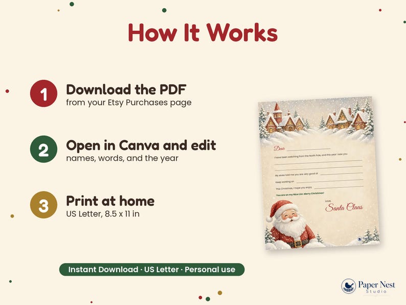 Puede incluir: Un gr&aacute;fico instructivo titulado How It Works con tres pasos: descargar el PDF, editar en Canva e imprimir en casa en papel de 21,59 x 27,94 cm. Incluye una plantilla de carta de Santa Claus con ilustraciones navide&ntilde;as.