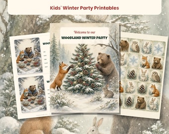 Printbaar winterfeestpakket met bosdierenthema, winterse verjaardagsdecoraties voor kinderen, vos, beer, uil, konijn, bingo, speurtocht, banner, cupcakeversieringen