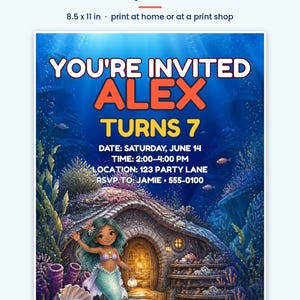 Peut inclure: Un mod&egrave;le d'invitation d'anniversaire avec une sc&egrave;ne sous-marine, une sir&egrave;ne, une maison en pierre et des coraux. Le texte indique : YOU'RE INVITED, ALEX TURNS 7, DATE: SATURDAY, JUNE 14, TIME: 2:00-4:00 PM, LOCATION: 123 PARTY LANE, RSVP TO: JAMIE 555-0100.