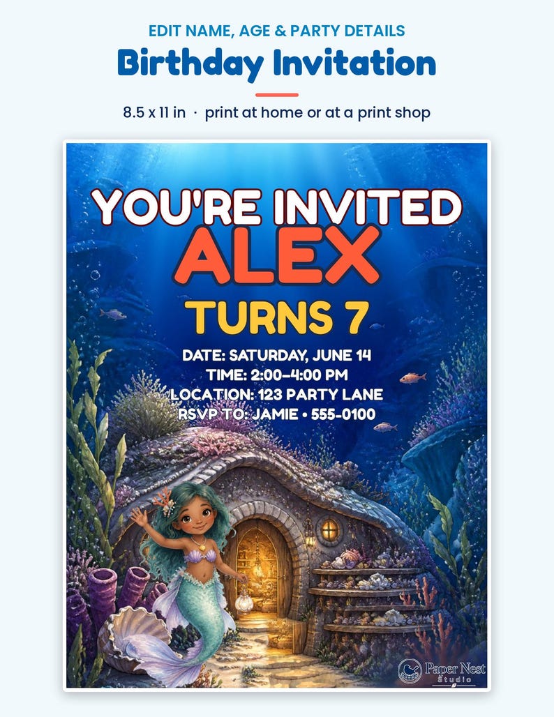 Peut inclure: Un mod&egrave;le d'invitation d'anniversaire avec une sc&egrave;ne sous-marine, une sir&egrave;ne, une maison en pierre et des coraux. Le texte indique : YOU'RE INVITED, ALEX TURNS 7, DATE: SATURDAY, JUNE 14, TIME: 2:00-4:00 PM, LOCATION: 123 PARTY LANE, RSVP TO: JAMIE 555-0100.
