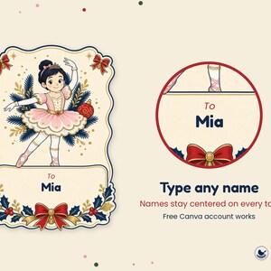 May include: A rectangular gift tag featuring a cartoon ballerina in a pink tutu, surrounded by pine branches and red bows, with the text To Mia. A circular version of the tag is also shown, along with the text Type any name and Paper Nest Studio.