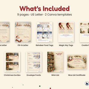 Puede incluir: Un conjunto digital imprimible titulado What's Included que incluye 9 p&aacute;ginas en tama&ntilde;o carta estadounidense y 2 plantillas de Canva. La colecci&oacute;n contiene una carta de Santa, una carta para rellenar, etiquetas de comida para renos, etiquetas de llave m&aacute;gica, notas para galletas, etiquetas para cajas de Nochebuena, sobres, una lista de deseos y un certificado de lista de buenos.