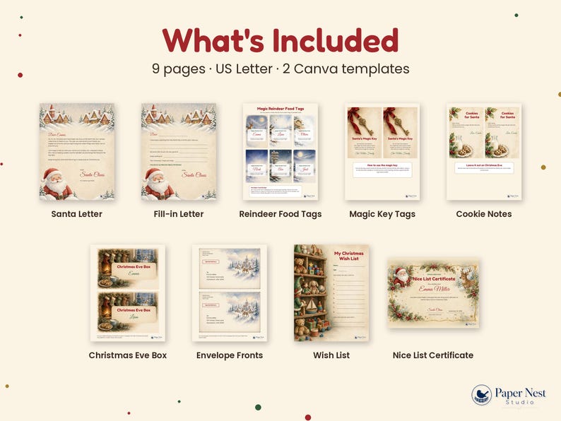 Puede incluir: Un conjunto digital imprimible titulado What's Included que incluye 9 p&aacute;ginas en tama&ntilde;o carta estadounidense y 2 plantillas de Canva. La colecci&oacute;n contiene una carta de Santa, una carta para rellenar, etiquetas de comida para renos, etiquetas de llave m&aacute;gica, notas para galletas, etiquetas para cajas de Nochebuena, sobres, una lista de deseos y un certificado de lista de buenos.