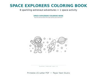 Könnte beinhalten: Space Explorers Malbuch mit 8 funkelnden Astronauten-Abenteuern und 1 Weltraum-Aktivität. Das Cover zeigt eine schwarz-weiße Strichzeichnung eines winkenden Astronauten, einer Rakete, eines Planeten mit Ringen und Sternen auf weißem Grund.