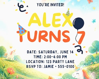 May include: A birthday invitation card featuring a colorful landscape with a stream, flowers, and a unicorn. The text reads: YOU'RE INVITED! ALEX TURNS 7. DATE: SATURDAY, JUNE 14. TIME: 2:00-4:00 PM. LOCATION: 123 PARTY LANE. RSVP TO: JAMIE 555-0100.