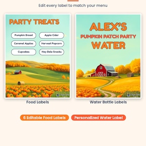 K&ouml;nnte beinhalten: Zwei rechteckige Etiketten mit einer herbstlichen Farm-Landschaft, einer roten Scheune und einem K&uuml;rbisfeld. Das linke Etikett zeigt PARTY TREATS mit sechs Lebensmitteln. Das rechte Etikett tr&auml;gt die Aufschrift ALEX'S PUMPKIN PATCH PARTY WATER.