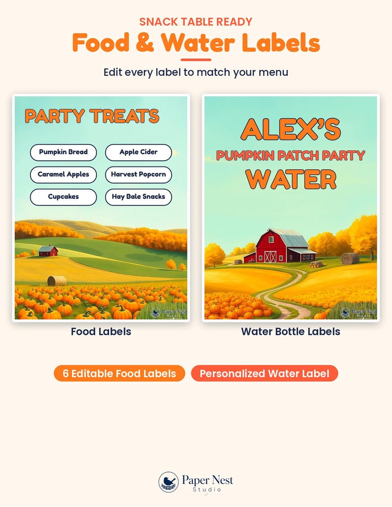 K&ouml;nnte beinhalten: Zwei rechteckige Etiketten mit einer herbstlichen Farm-Landschaft, einer roten Scheune und einem K&uuml;rbisfeld. Das linke Etikett zeigt PARTY TREATS mit sechs Lebensmitteln. Das rechte Etikett tr&auml;gt die Aufschrift ALEX'S PUMPKIN PATCH PARTY WATER.
