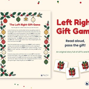 K&ouml;nnte beinhalten: Ein gedrucktes Spielblatt mit dem Titel The Left Right Gift Game und einem weihnachtlichen Rand aus Stechpalmen, Christbaumkugeln und Sternen. Der Text erz&auml;hlt eine Geschichte &uuml;ber das Weitergeben von Geschenken. Drei kleine Karten zeigen rote Geschenke.