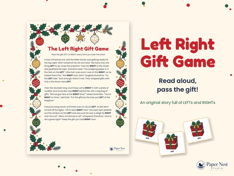 K&ouml;nnte beinhalten: Ein gedrucktes Spielblatt mit dem Titel The Left Right Gift Game und einem weihnachtlichen Rand aus Stechpalmen, Christbaumkugeln und Sternen. Der Text erz&auml;hlt eine Geschichte &uuml;ber das Weitergeben von Geschenken. Drei kleine Karten zeigen rote Geschenke.