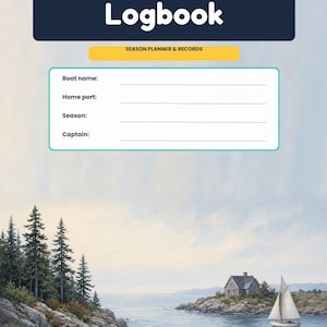 Könnte beinhalten: Ein Logbuch-Einband mit dem Titel The Boat Owner's Logbook und einem gelben Banner mit der Aufschrift Season Planner & Records. Darunter befinden sich Felder für Boat name, Home port, Season und Captain. Unten ist ein Segelboot abgebildet.