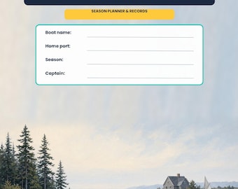 May include: A logbook cover titled The Boat Owner's Logbook with a yellow banner reading Season Planner & Records. Below are fields for Boat name, Home port, Season, and Captain. The lower section features a painting of a sailboat near a house.