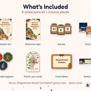 May include: An 8-piece party kit plus 2 bonus pieces featuring gingerbread-themed stationery. Includes a 5x7 invitation, welcome sign, banner, favor tags, cupcake toppers, thank-you cards, food labels, water labels, game card, and place cards.