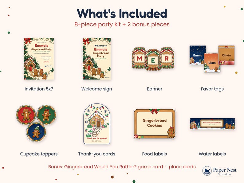 May include: An 8-piece party kit plus 2 bonus pieces featuring gingerbread-themed stationery. Includes a 5x7 invitation, welcome sign, banner, favor tags, cupcake toppers, thank-you cards, food labels, water labels, game card, and place cards.