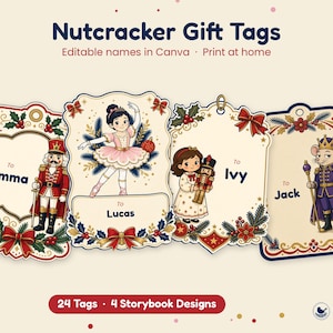 May include: Four decorative gift tags featuring Nutcracker-themed illustrations including a soldier, a ballerina, a child with a toy, and a mouse king. The tags display the text Nutcracker Gift Tags, Editable names in Canva, Print at home.