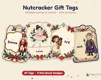 May include: Four decorative gift tags featuring Nutcracker-themed illustrations including a soldier, a ballerina, a child with a toy, and a mouse king. The tags display the text Nutcracker Gift Tags, Editable names in Canva, Print at home.