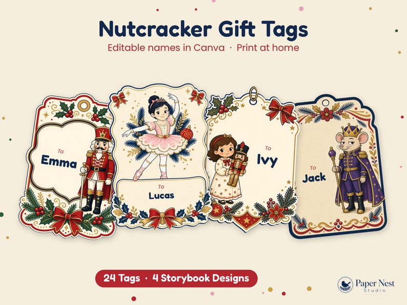 May include: Four decorative gift tags featuring Nutcracker-themed illustrations including a soldier, a ballerina, a child with a toy, and a mouse king. The tags display the text Nutcracker Gift Tags, Editable names in Canva, Print at home.
