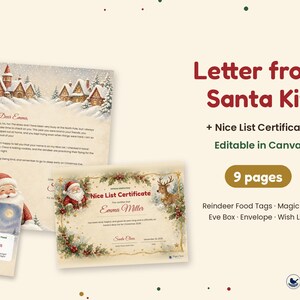 Puede incluir: Un kit de carta de Pap&aacute; Noel que incluye una carta, un certificado de lista de ni&ntilde;os buenos y una etiqueta de comida para renos. Los documentos presentan ilustraciones festivas de Pap&aacute; Noel y renos con texto.