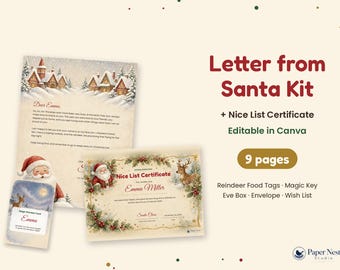 May include: A Letter from Santa Kit featuring a letter, a Nice List Certificate, and a reindeer food tag. The documents include festive illustrations of Santa Claus, reindeer, and snowy village houses with text in English.