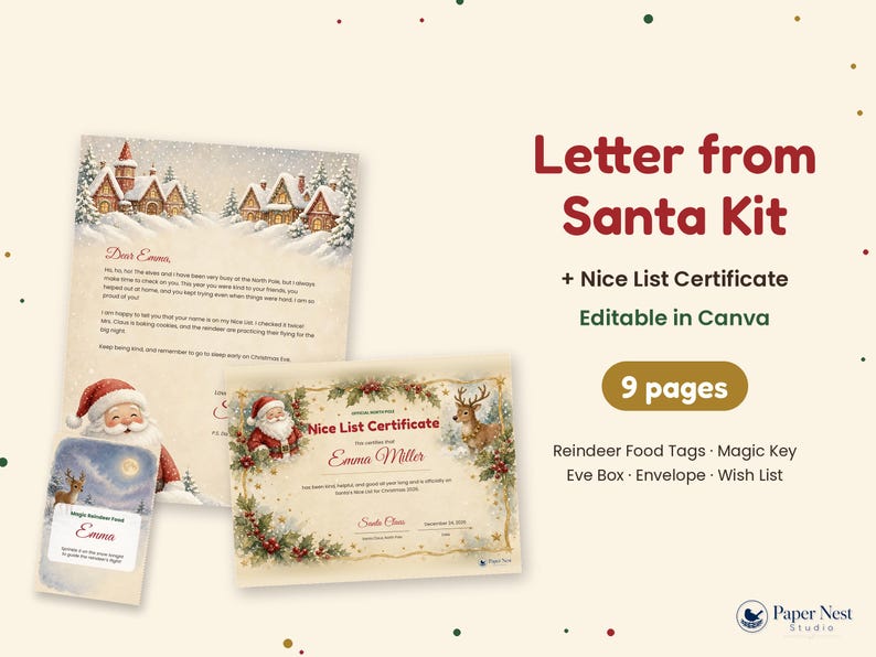Puede incluir: Un kit de carta de Pap&aacute; Noel que incluye una carta, un certificado de lista de ni&ntilde;os buenos y una etiqueta de comida para renos. Los documentos presentan ilustraciones festivas de Pap&aacute; Noel y renos con texto.