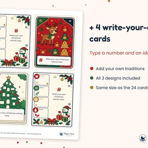 Op de afbeelding: Vier rechthoekige kerstkaarten met feestelijke illustraties van een rendier, een sneeuwpop en een kerstboom. Elke kaart bevat lege ruimtes voor het opschrijven van eigen activiteiten, met de tekst Write your own Christmas activity here.