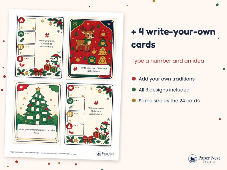 Op de afbeelding: Vier rechthoekige kerstkaarten met feestelijke illustraties van een rendier, een sneeuwpop en een kerstboom. Elke kaart bevat lege ruimtes voor het opschrijven van eigen activiteiten, met de tekst Write your own Christmas activity here.