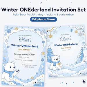 Może przedstawiać: Zestaw zaproszeń Winter ONEderland z ilustracjami niedźwiedzi polarnych, niebieskimi i złotymi płatkami śniegu oraz zaśnieżonymi krajobrazami. Tekst zawiera Winter ONEderland, First Birthday, Oliver's oraz Ava na zawieszce.