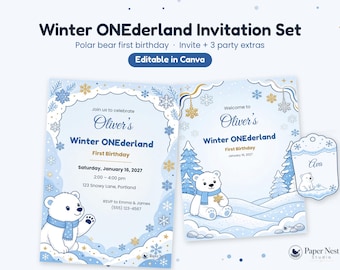 Winter ONEderland uitnodiging voor de eerste verjaardag | Bewerkbare uitnodigingsset met ijsbeer-thema voor de eerste verjaardag, welkomstbord, bedankkaartjes en spelletjes | Canva
