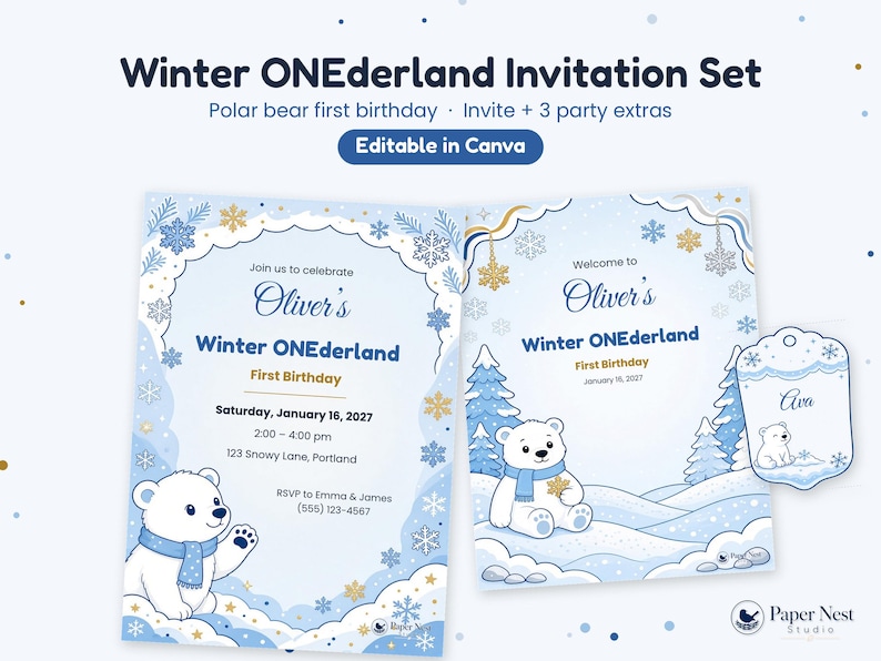 Może przedstawiać: Zestaw zaproszeń Winter ONEderland z ilustracjami niedźwiedzi polarnych, niebieskimi i złotymi płatkami śniegu oraz zaśnieżonymi krajobrazami. Tekst zawiera Winter ONEderland, First Birthday, Oliver's oraz Ava na zawieszce.