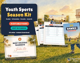 Teamkit voor jeugdsportteams (Canva) | Bewerkbare teamlijst, snackschema, bedankje aan de coach, prijsuitreiking, etiketten voor waterflessen | Printbaar