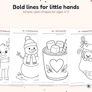 K&ouml;nnte beinhalten: Vier schwarz-wei&szlig;e Ausmalbilder mit dem Titel Bold lines for little hands, Simple, open shapes for ages 3-5. Die Seiten zeigen ein Rentier, einen Schneemann, eine Tasse hei&szlig;e Schokolade mit Marshmallows und einen Weihnachtsstrumpf mit Teddy.