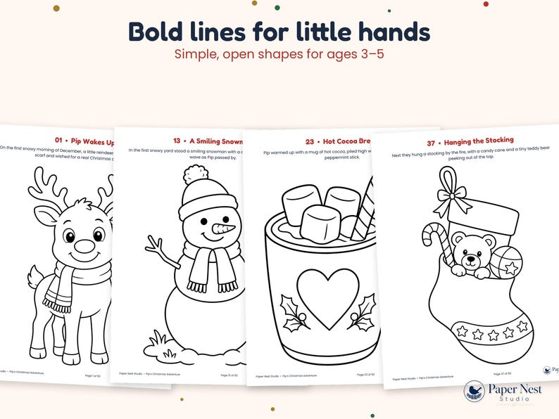 K&ouml;nnte beinhalten: Vier schwarz-wei&szlig;e Ausmalbilder mit dem Titel Bold lines for little hands, Simple, open shapes for ages 3-5. Die Seiten zeigen ein Rentier, einen Schneemann, eine Tasse hei&szlig;e Schokolade mit Marshmallows und einen Weihnachtsstrumpf mit Teddy.
