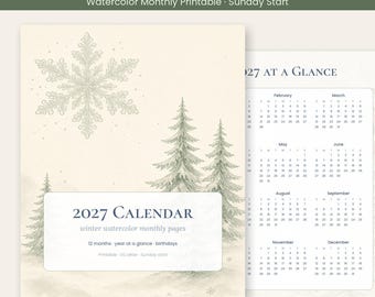 Calendario imprimible 2027, calendario mensual de invierno en acuarela, inicio en domingo, resumen anual, registro de cumpleaños, PDF tamaño carta estadounidense