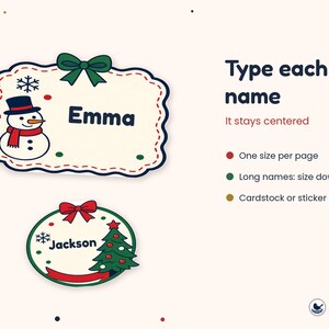 May include: Two custom holiday labels with text reading Emma and Jackson. The rectangular label features a snowman and green bow, while the circular label shows a Christmas tree and red bow. Text includes Type each name, It stays centered.