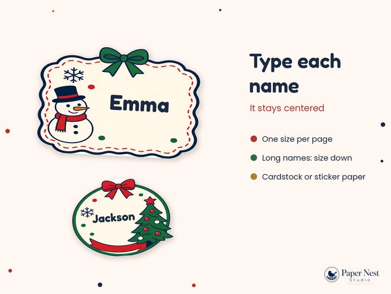 May include: Two custom holiday labels with text reading Emma and Jackson. The rectangular label features a snowman and green bow, while the circular label shows a Christmas tree and red bow. Text includes Type each name, It stays centered.
