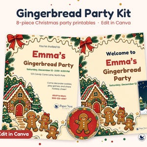 May include: An 8-piece Gingerbread Party Kit featuring Christmas party printables. The designs include invitations and signs with gingerbread house illustrations, gingerbread people, red bows, and pine branches. Text includes "Gingerbread Party Kit", "Emma's Gingerbread Party", and "Edit in Canva".