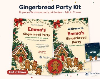 Peut inclure: Un kit de fête Gingerbread de 8 pièces comprenant des imprimés de Noël. Les designs incluent des invitations et des panneaux avec des illustrations de maisons en pain d'épice, des bonshommes en pain d'épice, des nœuds rouges et des branches de pin. Le texte inclut "Gingerbread Party Kit", "Emma's Gingerbread Party" et "Edit in Canva".