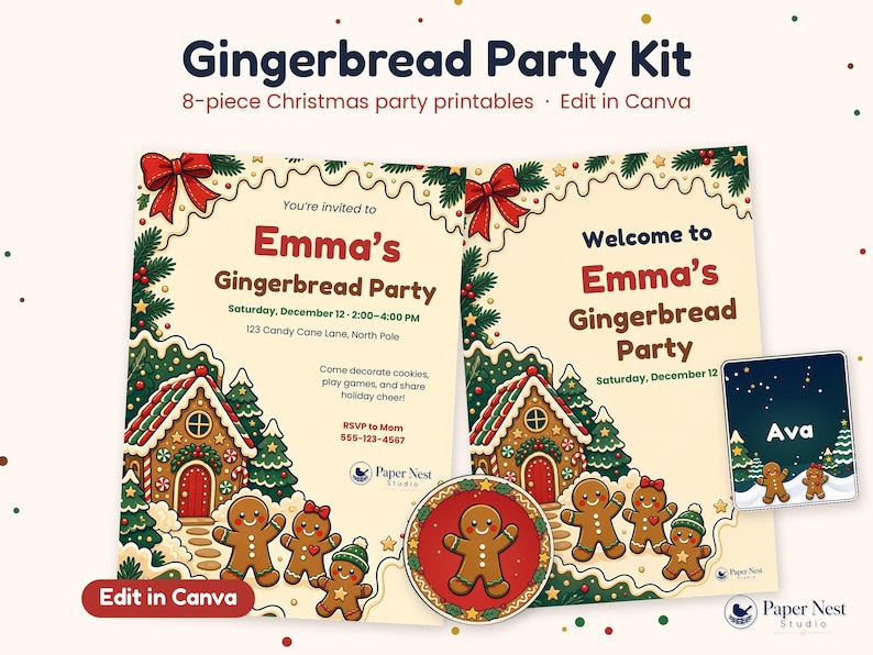 May include: An 8-piece Gingerbread Party Kit featuring Christmas party printables. The designs include invitations and signs with gingerbread house illustrations, gingerbread people, red bows, and pine branches. Text includes "Gingerbread Party Kit", "Emma's Gingerbread Party", and "Edit in Canva".
