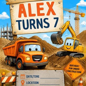 May include: A construction-themed birthday invitation featuring an orange dump truck and yellow excavator on a dirt site. A wooden sign reads YOU'RE INVITED ALEX TURNS 7. A concrete-style block includes fields for DATE/TIME, LOCATION, and RSVP.
