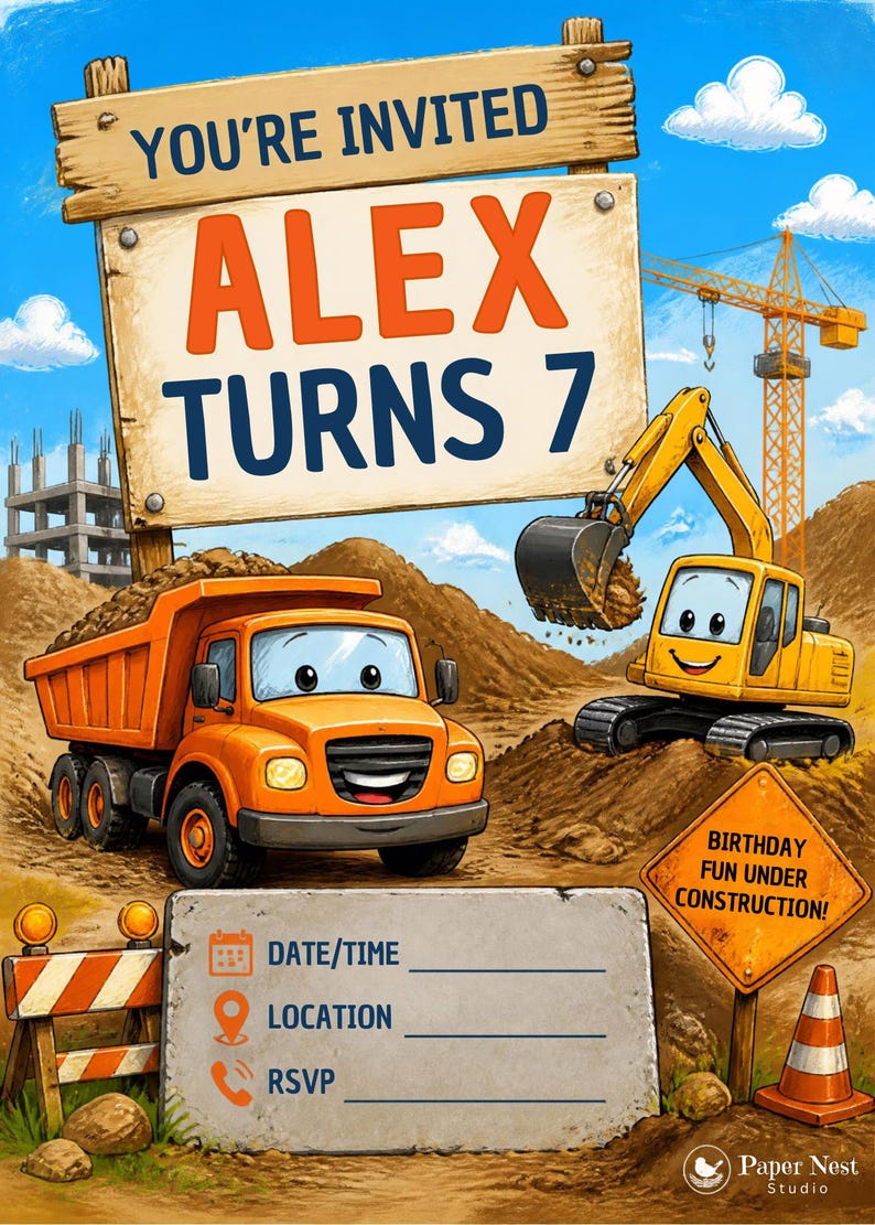 May include: A construction-themed birthday invitation featuring an orange dump truck and yellow excavator on a dirt site. A wooden sign reads YOU'RE INVITED ALEX TURNS 7. A concrete-style block includes fields for DATE/TIME, LOCATION, and RSVP.