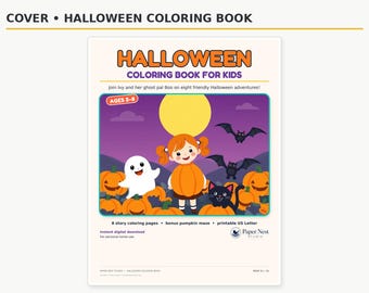 Halloween kleurboek voor kinderen | Printbare pagina's met pompoenen, spoken en een verhaal over trick-or-treat | Leeftijd 3-8 jaar | Direct te downloaden als PDF