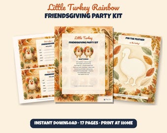 Printbare feestkit voor een kinderfeestje met Thanksgiving-thema, banner, spel 'Prik de veer', bingo, uitnodiging