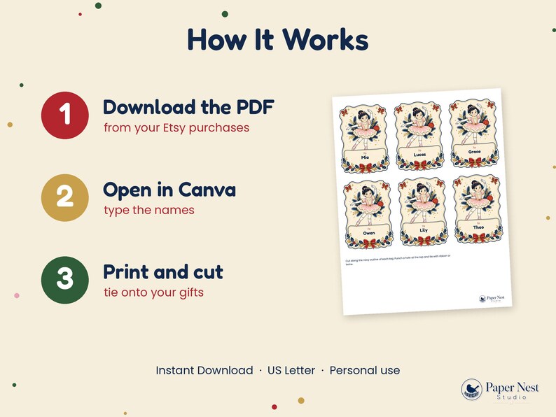 May include: An instructional graphic titled How It Works with three steps: Download the PDF, Open in Canva, and Print and cut. It displays a sheet of six gift tags featuring a ballerina illustration and the Paper Nest Studio logo.