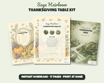 Saliegroene Thanksgiving printbare set, traditionele tafeldecoratie, uitnodiging met hoorn des overvloeds, menu, checklist voor de gastheer/gastvrouw, quiz, bingo