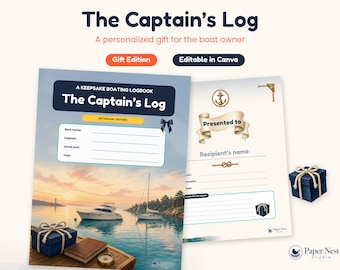 Kapiteinslogboek als cadeau voor booteigenaar | Gepersonaliseerd bootlogboek om af te drukken met 'Aangeboden aan'-pagina | Bewerkbaar Canva, direct te downloaden
