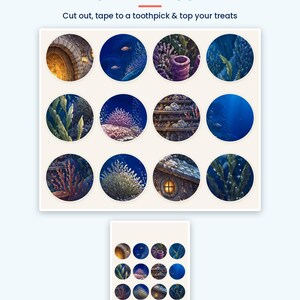 Peut inclure: Une feuille de 12 d&eacute;corations circulaires pour cupcakes sur le th&egrave;me de l'oc&eacute;an, illustrant des sc&egrave;nes sous-marines avec des r&eacute;cifs coralliens, des algues et des structures en pierre. Le texte indique 12 OCEAN CIRCLES PER SHEET Cupcake Toppers.
