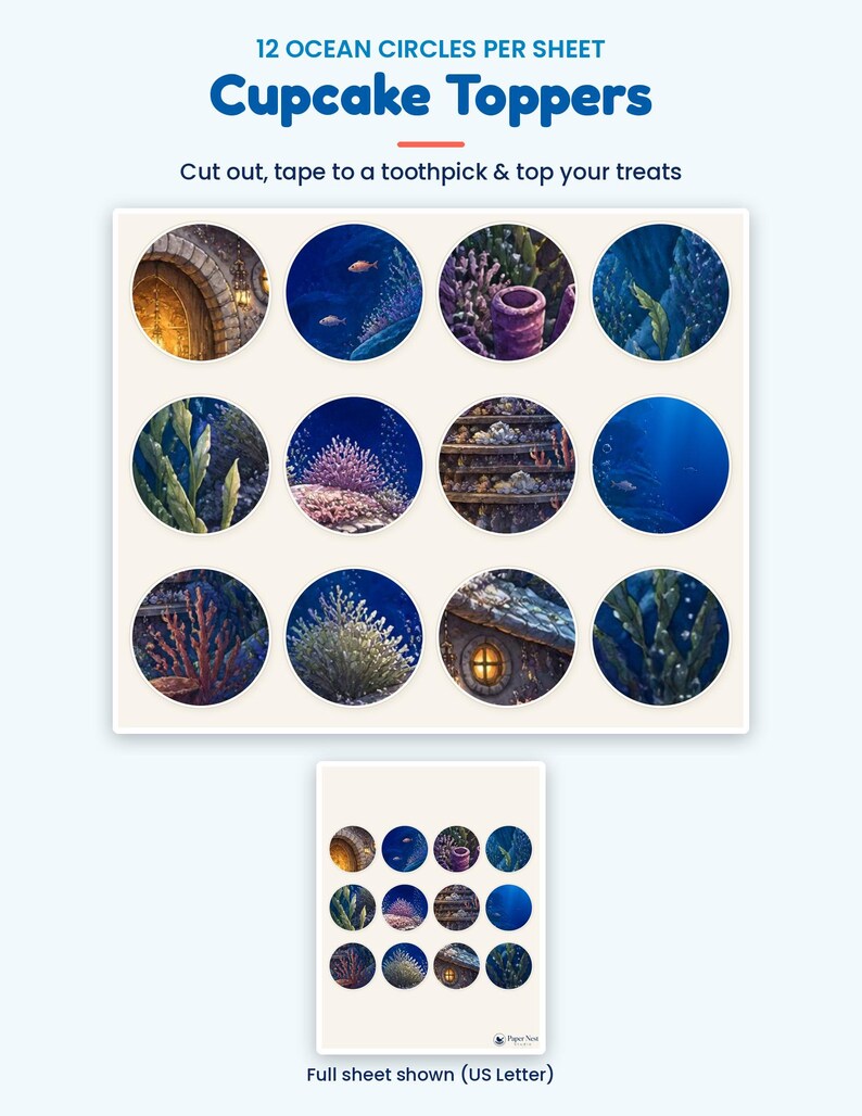 Peut inclure: Une feuille de 12 d&eacute;corations circulaires pour cupcakes sur le th&egrave;me de l'oc&eacute;an, illustrant des sc&egrave;nes sous-marines avec des r&eacute;cifs coralliens, des algues et des structures en pierre. Le texte indique 12 OCEAN CIRCLES PER SHEET Cupcake Toppers.