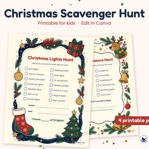 May include: Two printable Christmas scavenger hunt sheets with cream backgrounds, dark blue borders, and festive illustrations including a stocking, Christmas tree, gift, and reindeer. The text reads Christmas Scavenger Hunt.