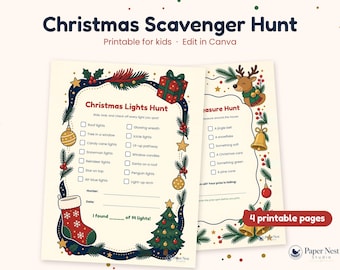Printbare kerstspeurtocht voor kinderen | Speurtocht langs kerstverlichting, schattenjacht binnenshuis met prijs | Spel voor kerstavond